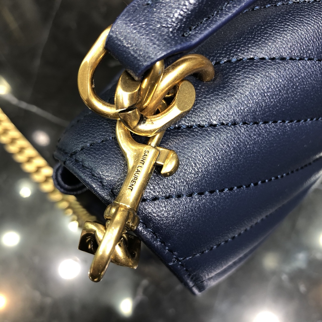 Saint Laurent Lambskin College Handbag Shoulder Bag Navy Blue 600279 Gold